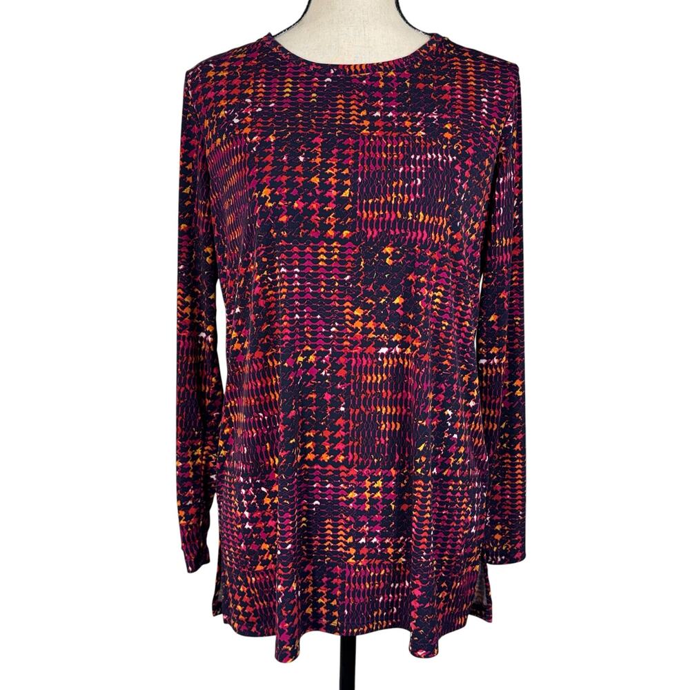 Susan Graver Small Tunic Top Pullover Abstract Stretch Long Sleeve Side Slits